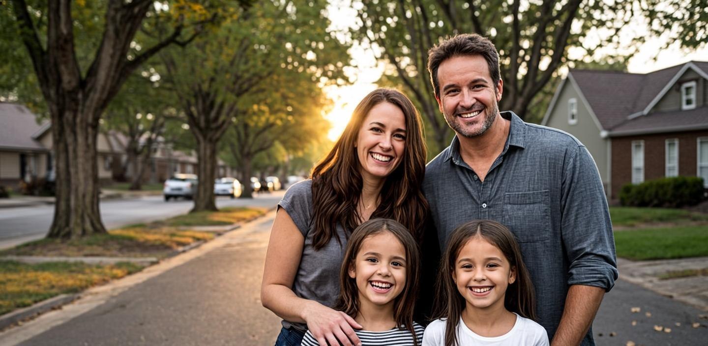 A happy family in front of their suburban home